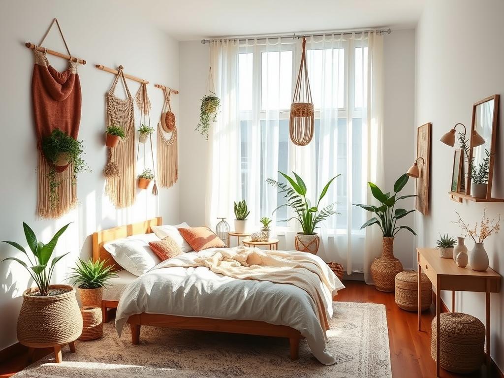 Bedroom design with bohemian elements and minimalist decor