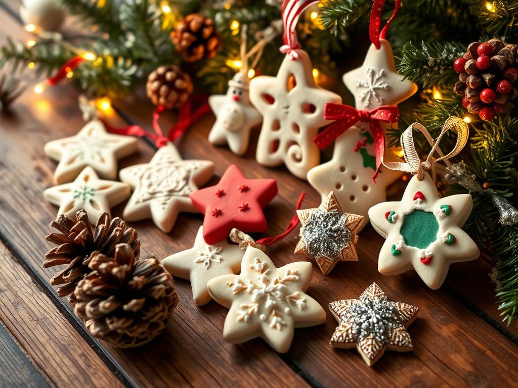 DIY ornaments with salt dough and decorated pinecones