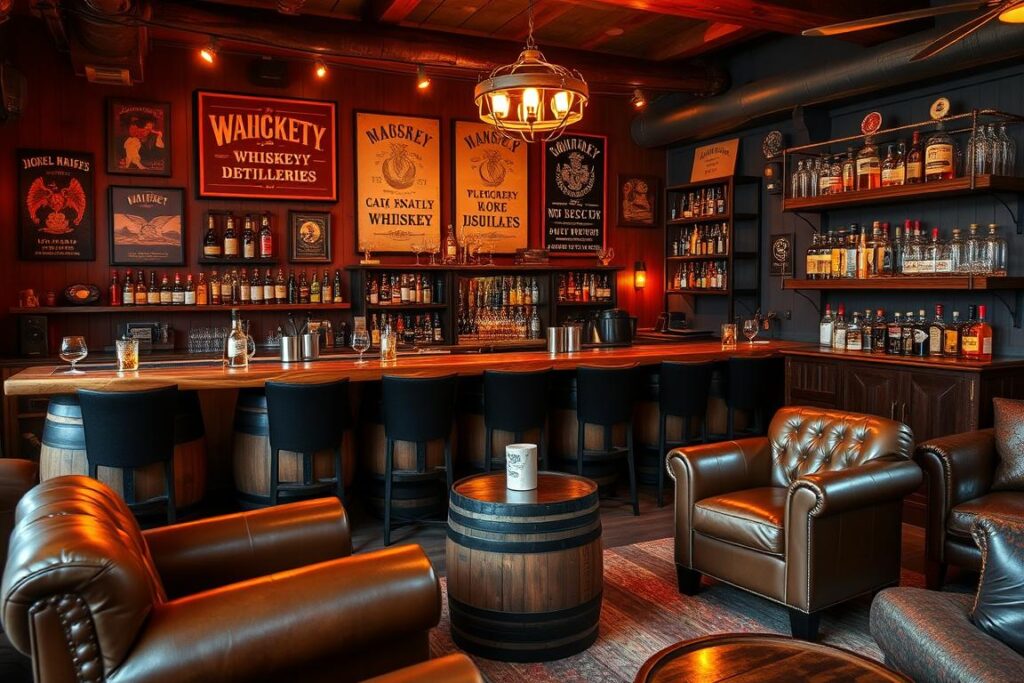 DIY whiskey lounge decor ideas with unique wall art and furniture repurposing.