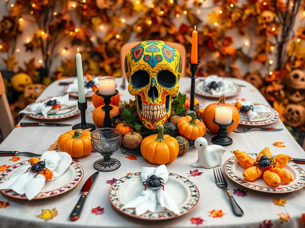 Halloween table decor with quirky centerpieces and festive place settings