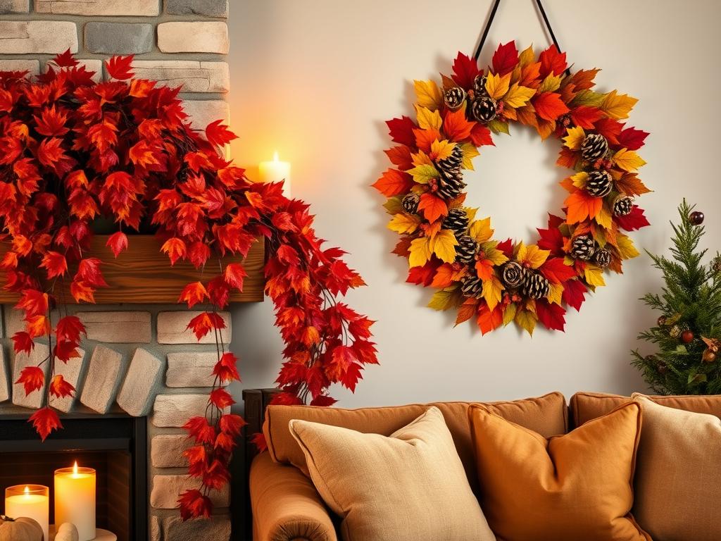 Nature-inspired decorations featuring Fall foliage and Wreaths