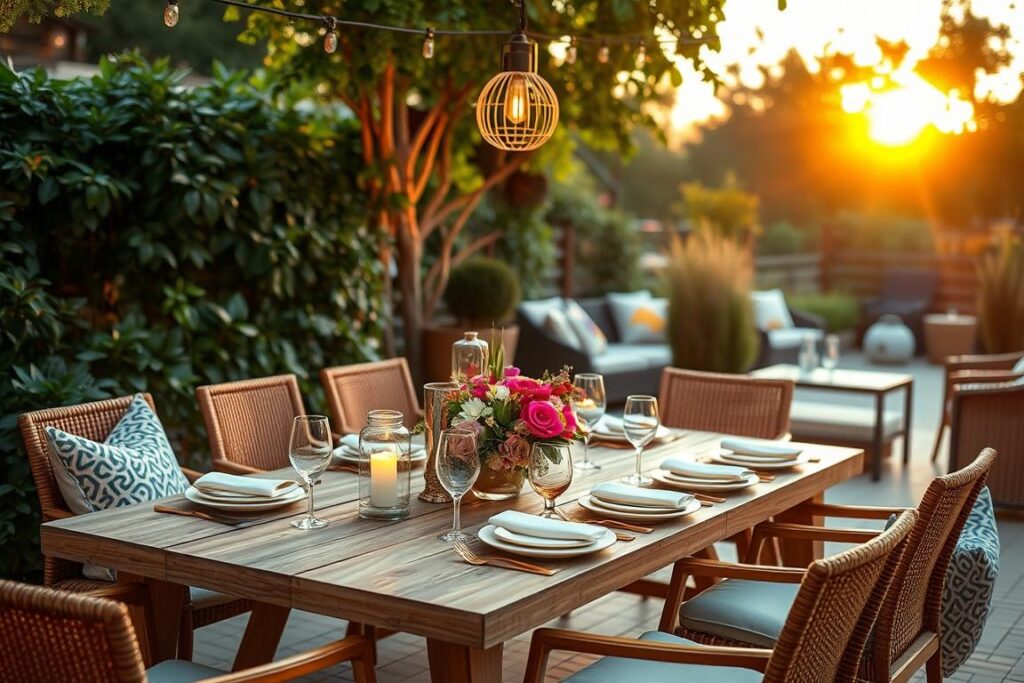 Outdoor dining tables with alfresco dining decor