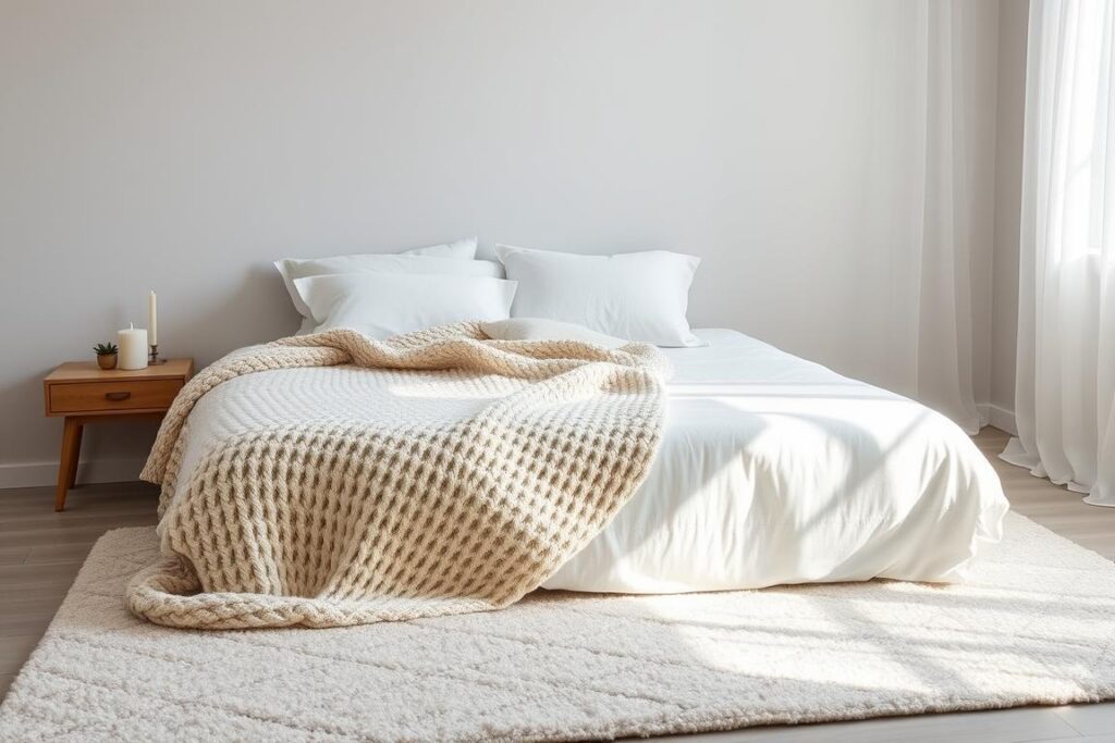 cozy textures in a minimalist bedroom