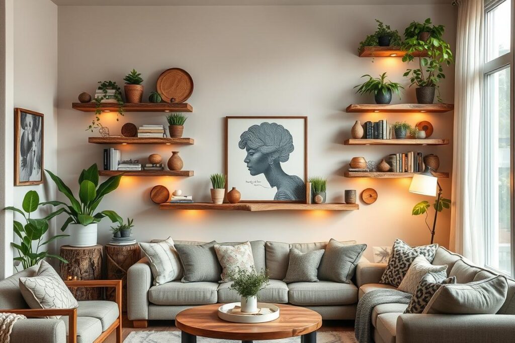 eco-friendly home decor with tree cut shelves