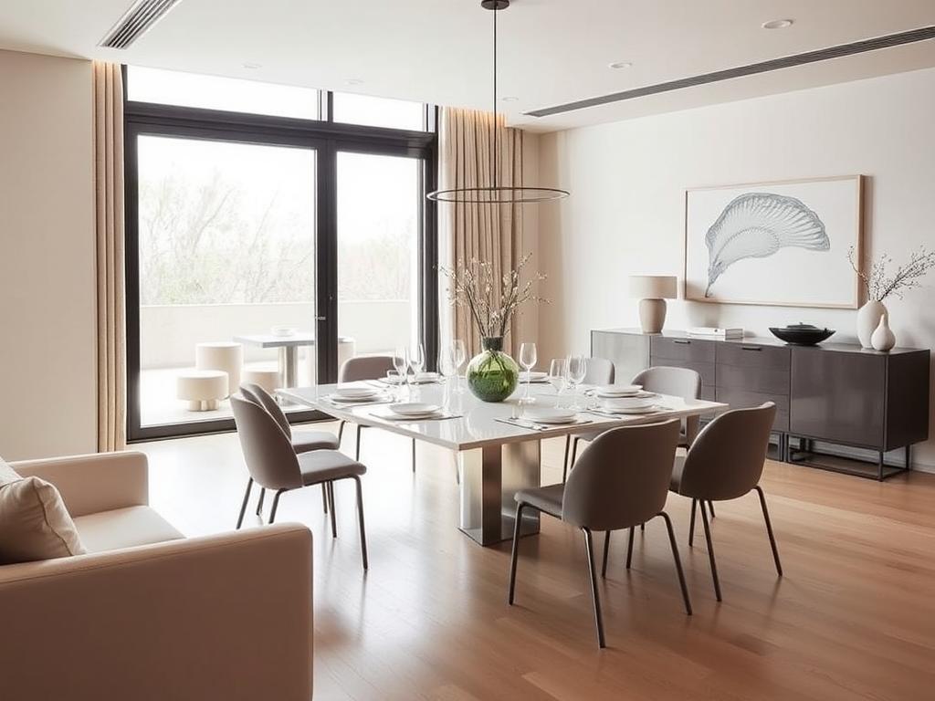 elegant dining room showcasing minimalist design and neutral colors