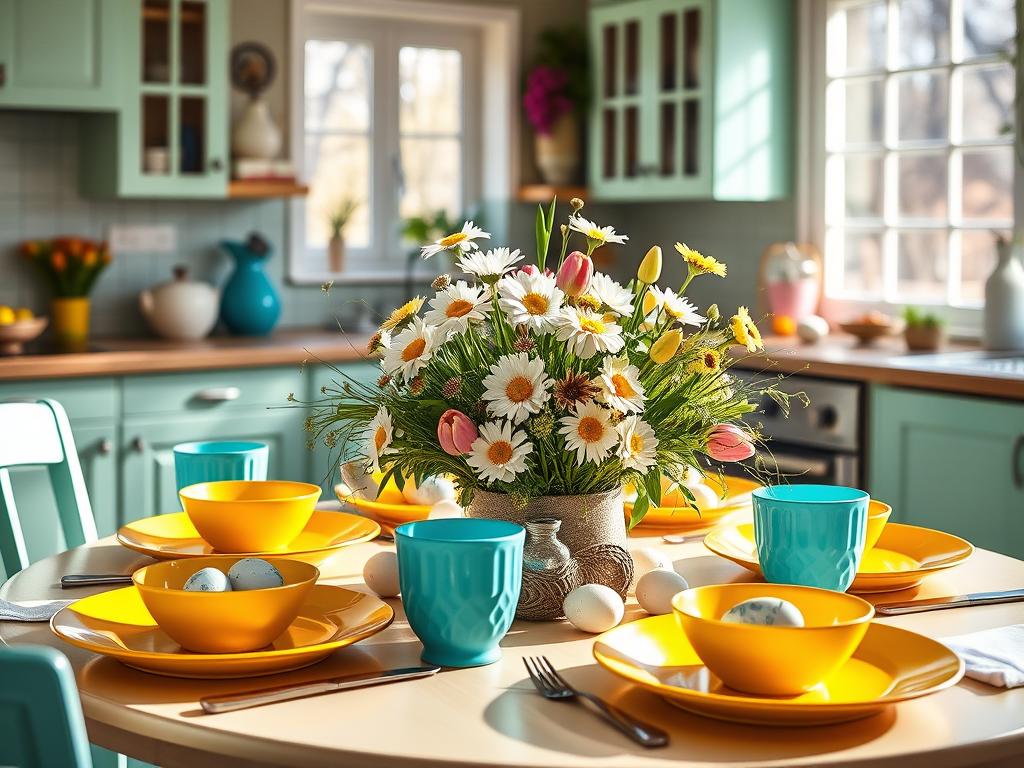 kitchen decor with bright tableware and seasonal centerpieces