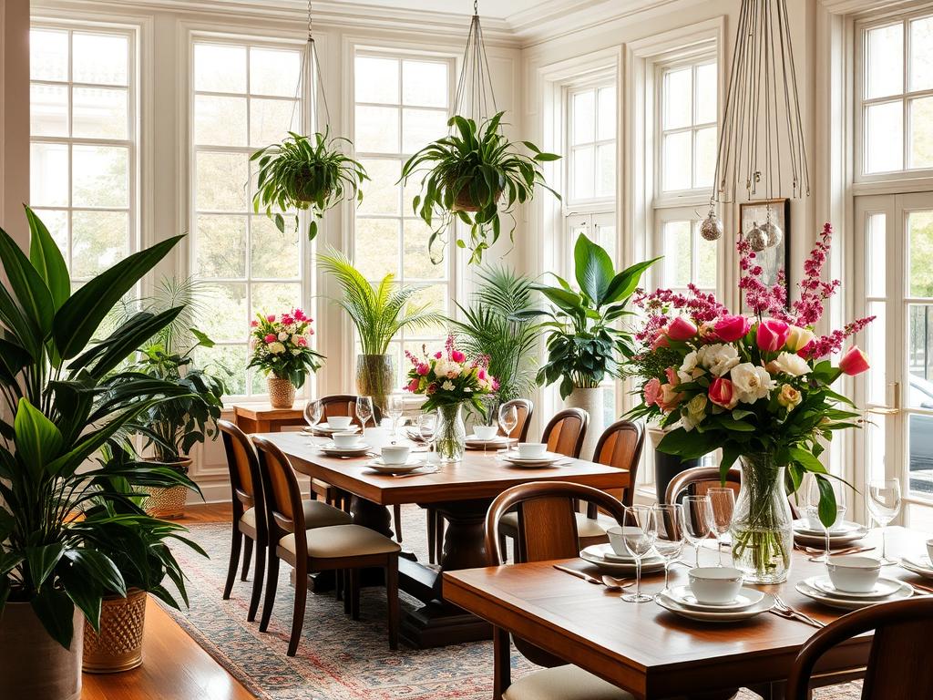 natural elegance in dining room decor with indoor plants and floral arrangements