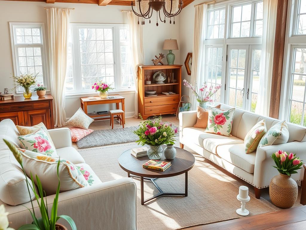 spring living spaces with light fabrics and seasonal pillows