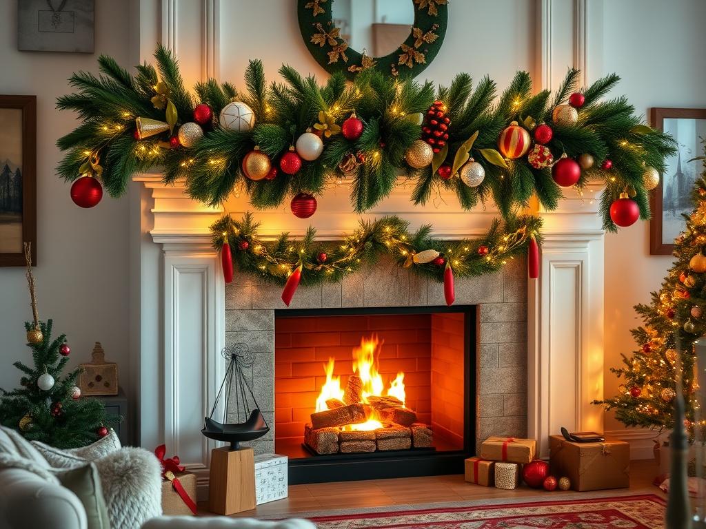 stylish garlands around a festive fireplace