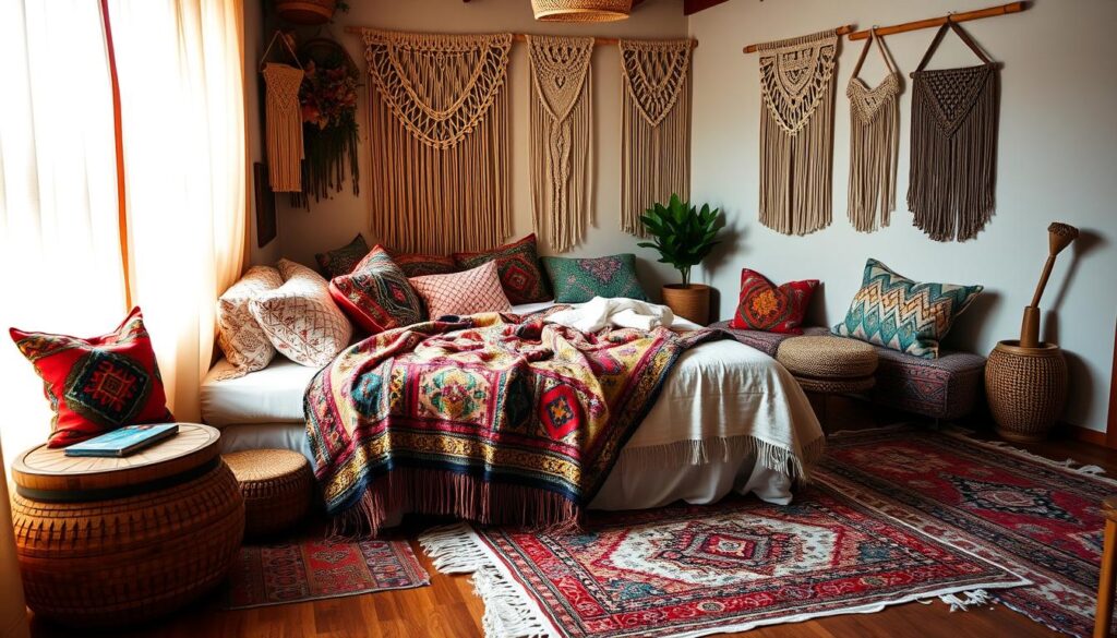 Boho textiles in a cozy bedroom