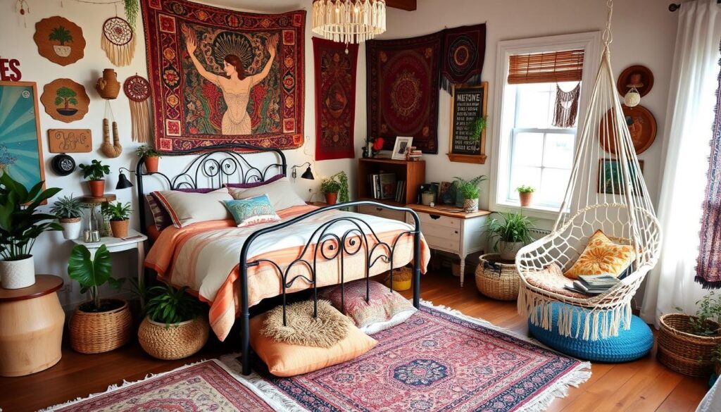 Personalized decor in a bohemian bedroom