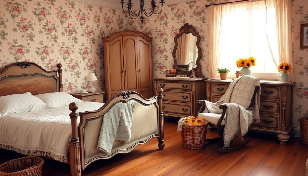 Vintage farmhouse bedroom with antique furniture