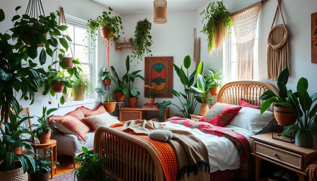 bohemian bedroom ideas with indoor plants