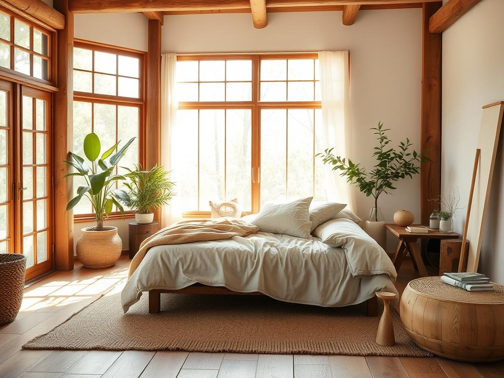 bringing the outdoors in with organic textures in Japandi interiors bedroom