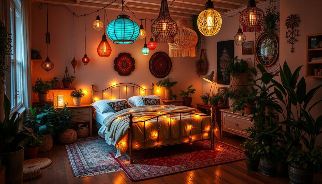 eclectic bedroom design ambient lighting