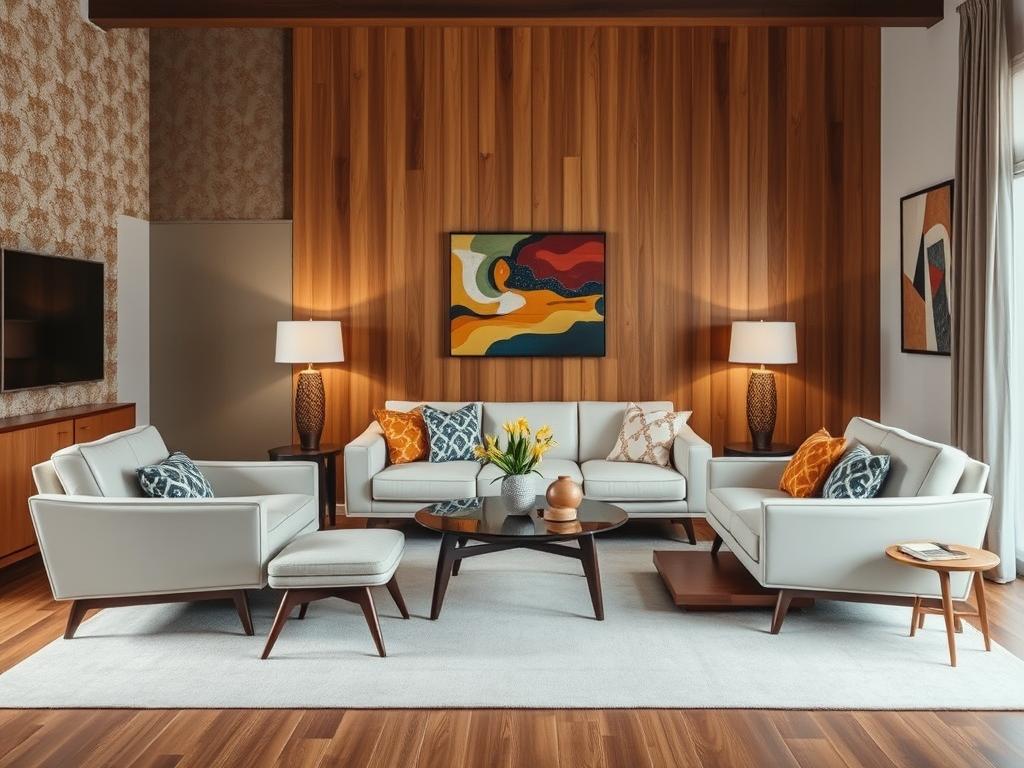 modern living room design with vintage interior decor and wall treatments